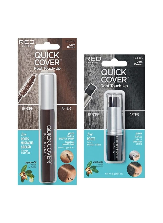 RED by Kiss Quick Cover Gray Hair Touch Up, Root Touch Up, Moisturize and Shine, Brush Type & Stick Type Set (Dark Brown)