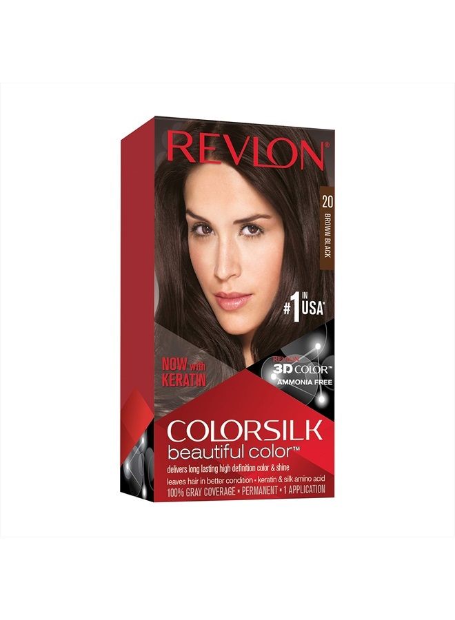 Permanent Hair Color by Revlon, Permanent Hair Dye, Colorsilk with 100% Gray Coverage, Ammonia-Free, Keratin and Amino Acids, 20 Brown/Black, 4.4 Oz (Pack of 1)