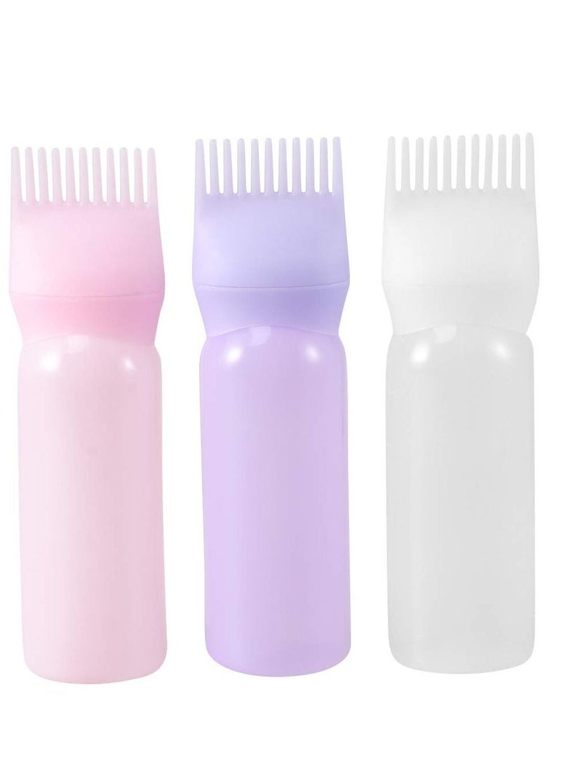 3pcs Hair Dye Bottle Root Comb Applicator Dispensing with Graduated Scale Salon Coloring, and Scalp Treament Essential (White Purple Pink)