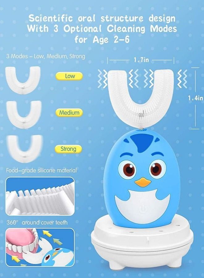 Children's Electric Toothbrush, Rechargeable U-Shaped Cartoon Toothbrush, 3 Modes Automatic 360 Degree All-round Cleaning Toothbrush, Suitable for Children Aged 2-6 (1pcBlue)