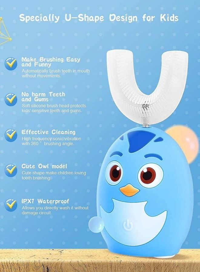 Children's Electric Toothbrush, Rechargeable U-Shaped Cartoon Toothbrush, 3 Modes Automatic 360 Degree All-round Cleaning Toothbrush, Suitable for Children Aged 2-6 (1pcBlue)
