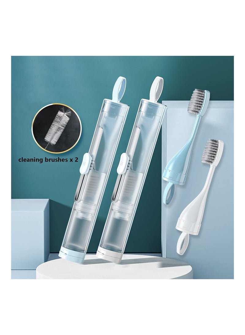 2Pcs Travel Toothbrushes Kit Fold Size Built-in Toothpaste Container, KASTWAVE Including 2 Cleaner Head Soft Bristles for Camping School Business Trip (Blue, White)