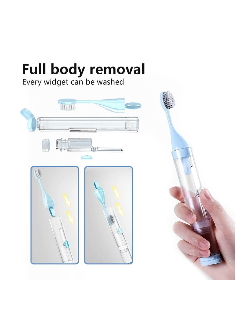 2Pcs Travel Toothbrushes Kit Fold Size Built-in Toothpaste Container, KASTWAVE Including 2 Cleaner Head Soft Bristles for Camping School Business Trip (Blue, White)
