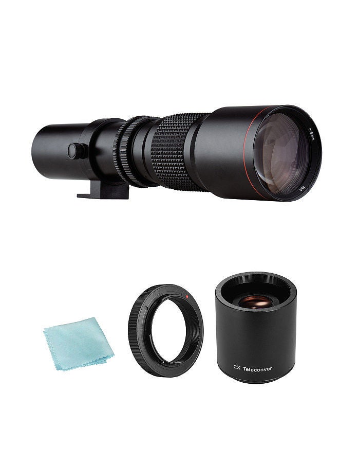 Camera Super Telephoto Lens 500mm F/8.0-32 Manual Zoom T-Mount + 2X 500mm Teleconverter Lens + T2-AI Adapter Ring Replacement