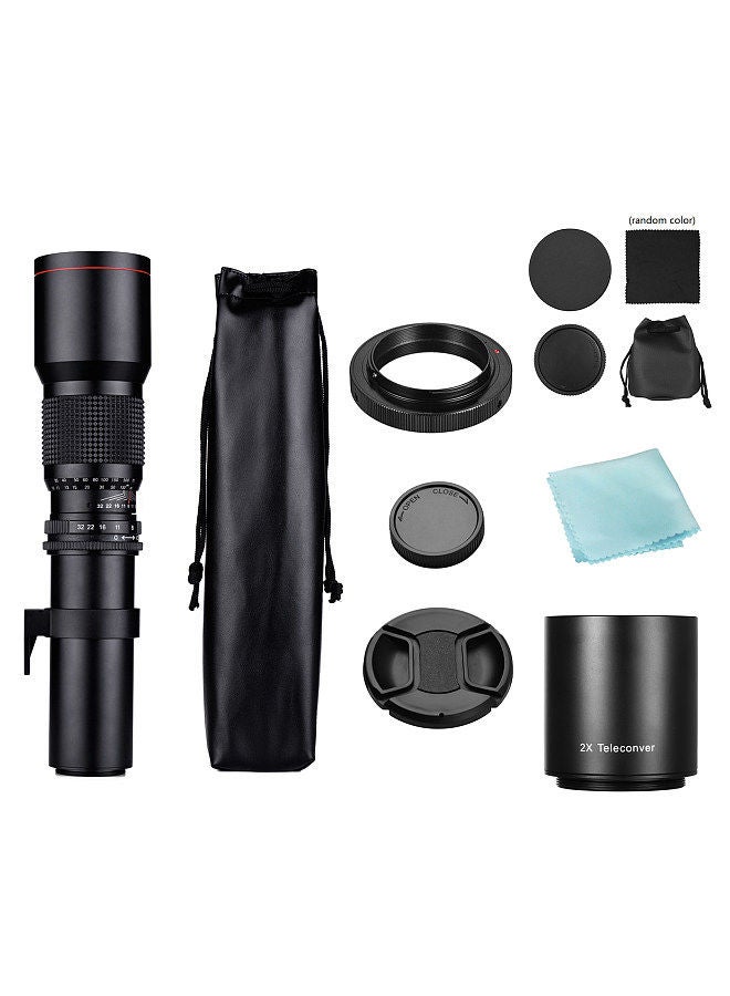 Camera Super Telephoto Lens 500mm F/8.0-32 Manual Zoom T-Mount + 2X 500mm Teleconverter Lens + T2-AI Adapter Ring Replacement