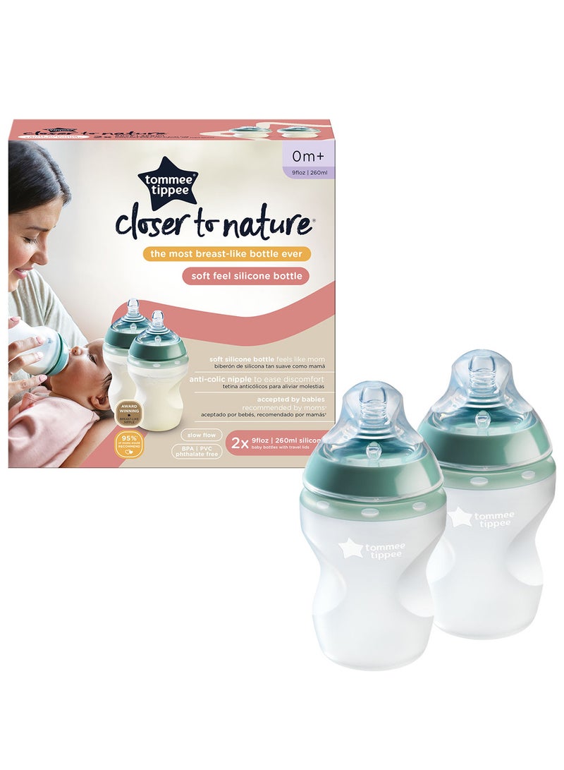 Pack Of 2 Closer To Nature Soft Feel Silicone Baby Bottles, Stain And Odour Resistant 0 Months+ 260  ml Clear