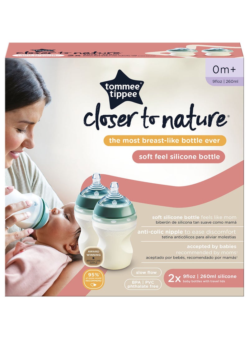 Pack Of 2 Closer To Nature Soft Feel Silicone Baby Bottles, Stain And Odour Resistant 0 Months+ 260  ml Clear