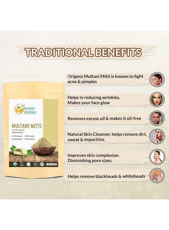 Multani Mitti Earth Clay Bentonite Clay 100% Organic Clay Mask Face Mask Skin Care Indian Healing Kaolin Clay Indian Deep Pure Grade Cleansing Sodium Facial Calcium Natural Green Secret 5.3 Oz