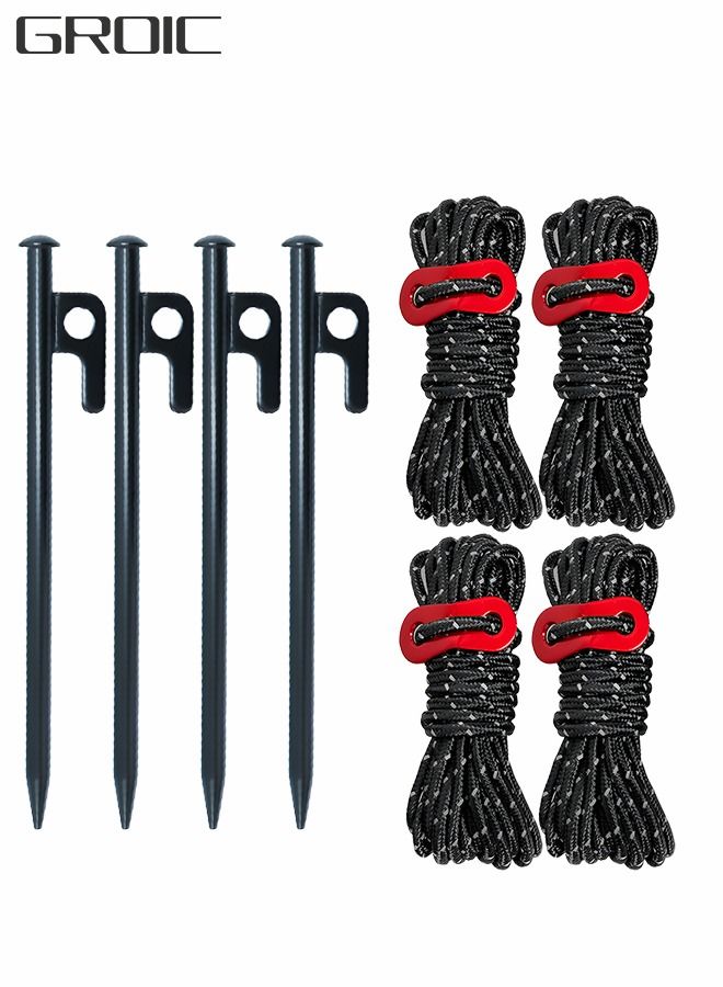 4Pack 8 Inch Heavy Duty Tent Stakes with 4 Ropes 13ft Reflective Guy Lines Kit for Outdoor Camping Pegs Tree Tarp Canopy Gardening Metal Ground Anchors