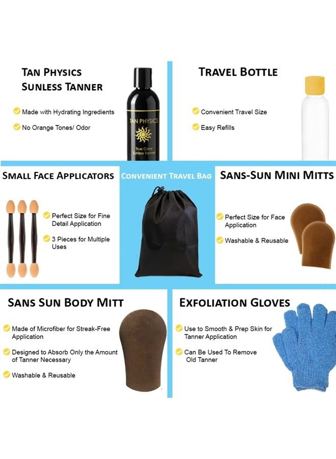 Self Tanner (11pc Deluxe Bundle) Tan Physics True Color Sunless Tanner - Travel Bag & Bottle, Gloves, Application Mitt & Detail Applicator