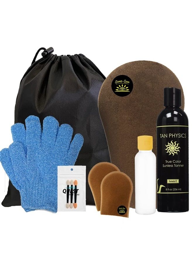 Self Tanner (11pc Deluxe Bundle) Tan Physics True Color Sunless Tanner - Travel Bag & Bottle, Gloves, Application Mitt & Detail Applicator