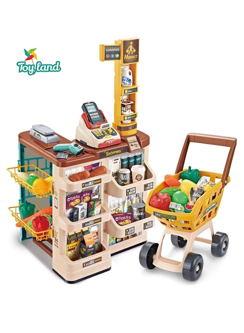 Role Play Children's Mini Home Supermarket Set Toy Vending Counter Shopping Cart Combination Set Playhouse Supermarket Scan Cash Register Toy for Kids