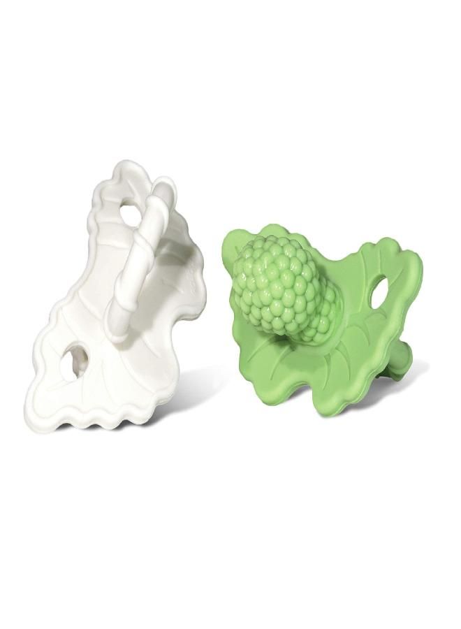 RaZbaby Soft Silicone Infant & Baby Teether, Berrybumps Textured Teething Relief Pacifier 3M+, Soothes Gums, Hands-Free & Easy-to-Hold Fruit-Shaped RaZberry Design, BPA Free, 2-Pack - Green/White