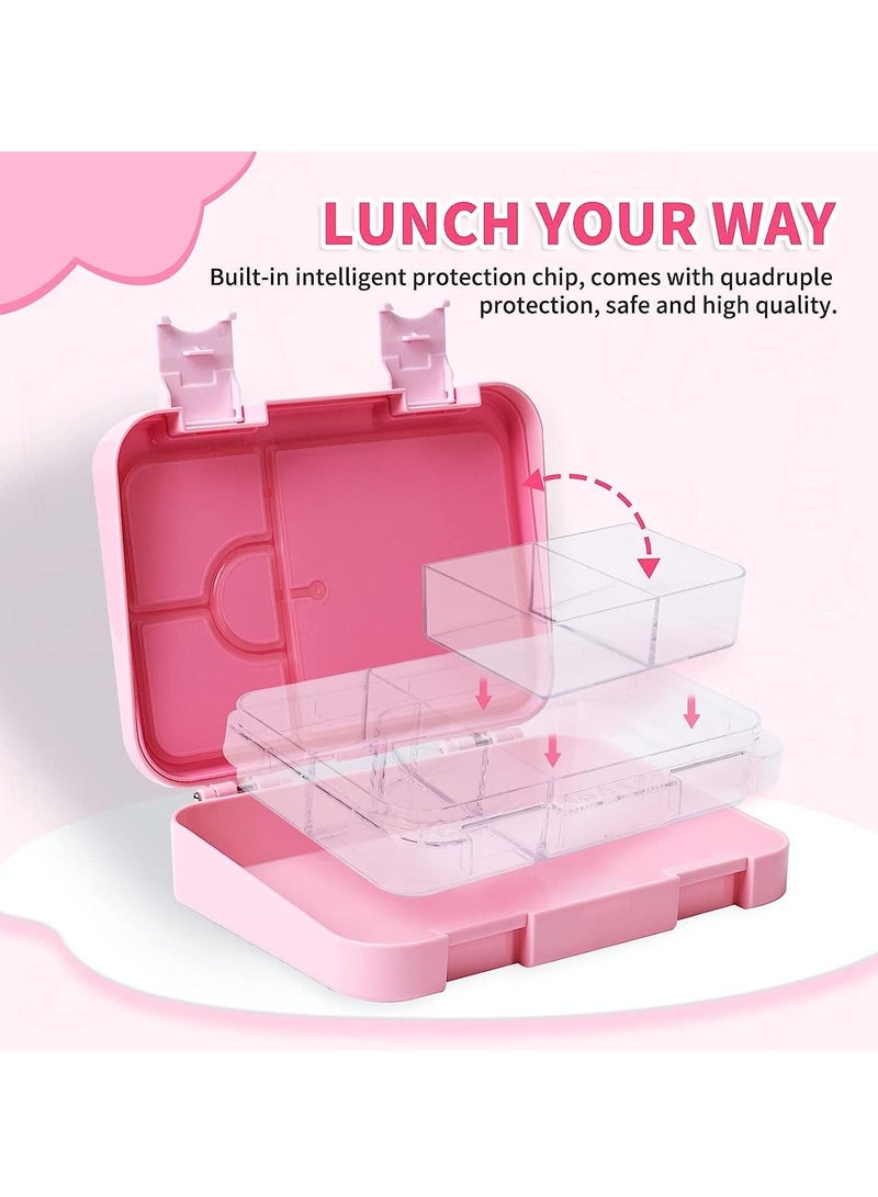 Children's Bento Lunch Box with 6 Compartments - Leak Proof Lunch Box for Boys, Girls, BPA-Free, Microwave Dishwasher Safe, Lunch Box for School (Pink)