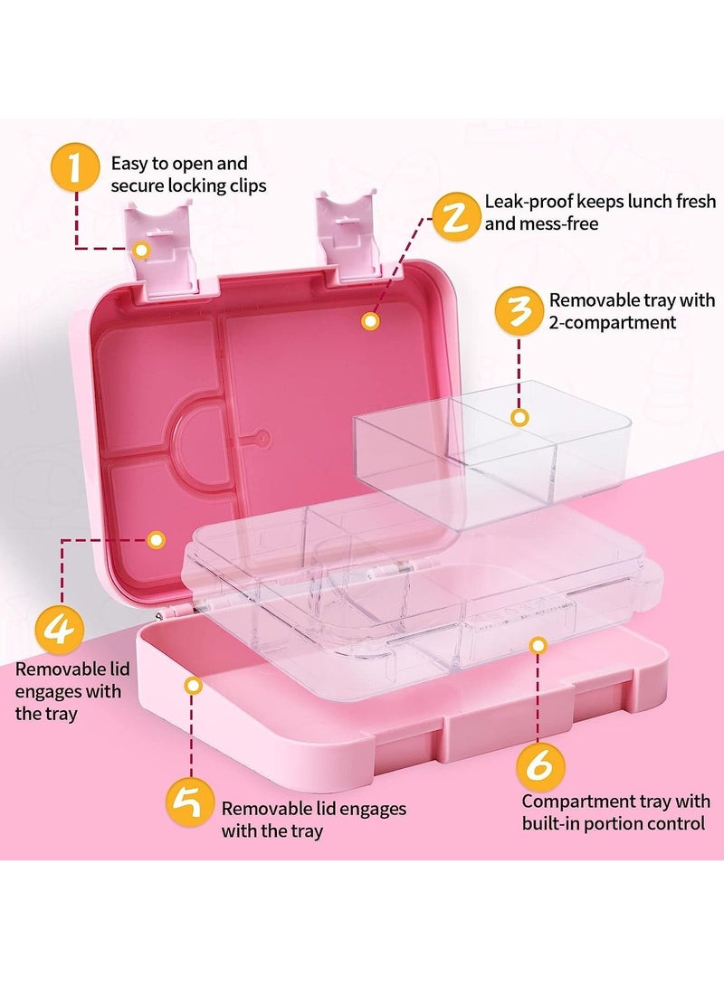 Children's Bento Lunch Box with 6 Compartments - Leak Proof Lunch Box for Boys, Girls, BPA-Free, Microwave Dishwasher Safe, Lunch Box for School (Pink)