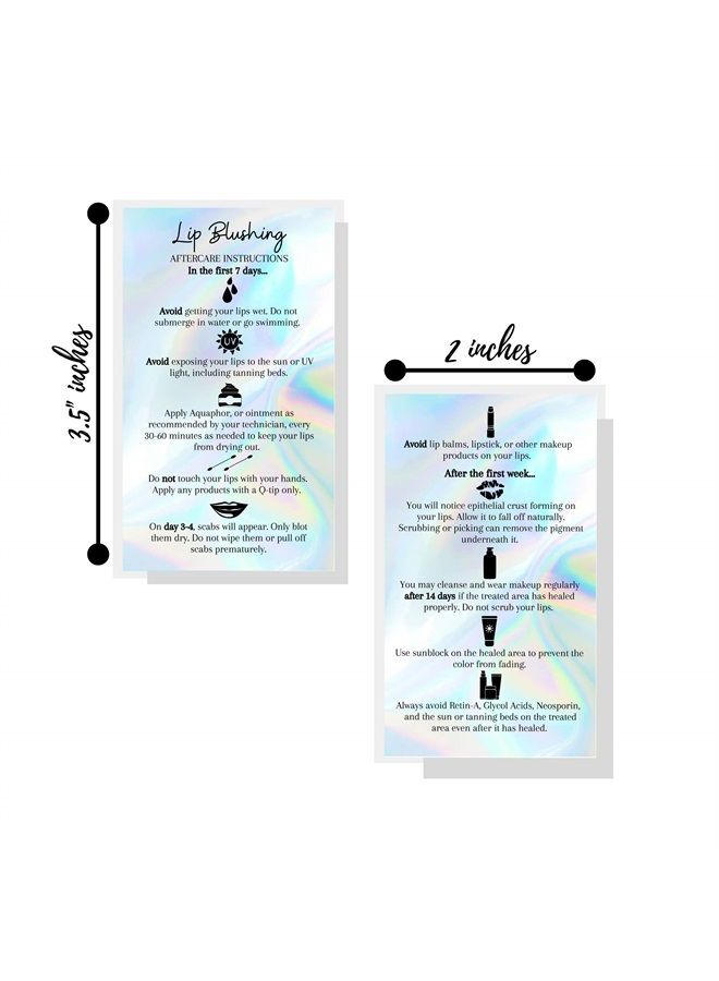 Lip Blush Aftercare Instructions Card | 50 Pack | 2x3.5inch inches Business Card Size | Lip Glow Lip Blush PMU Lip Tint Lip Tattoo | Holographic Look Design, silver, rainbow, hol