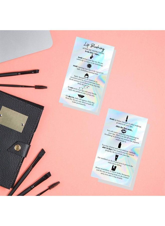 Lip Blush Aftercare Instructions Card | 50 Pack | 2x3.5inch inches Business Card Size | Lip Glow Lip Blush PMU Lip Tint Lip Tattoo | Holographic Look Design, silver, rainbow, hol