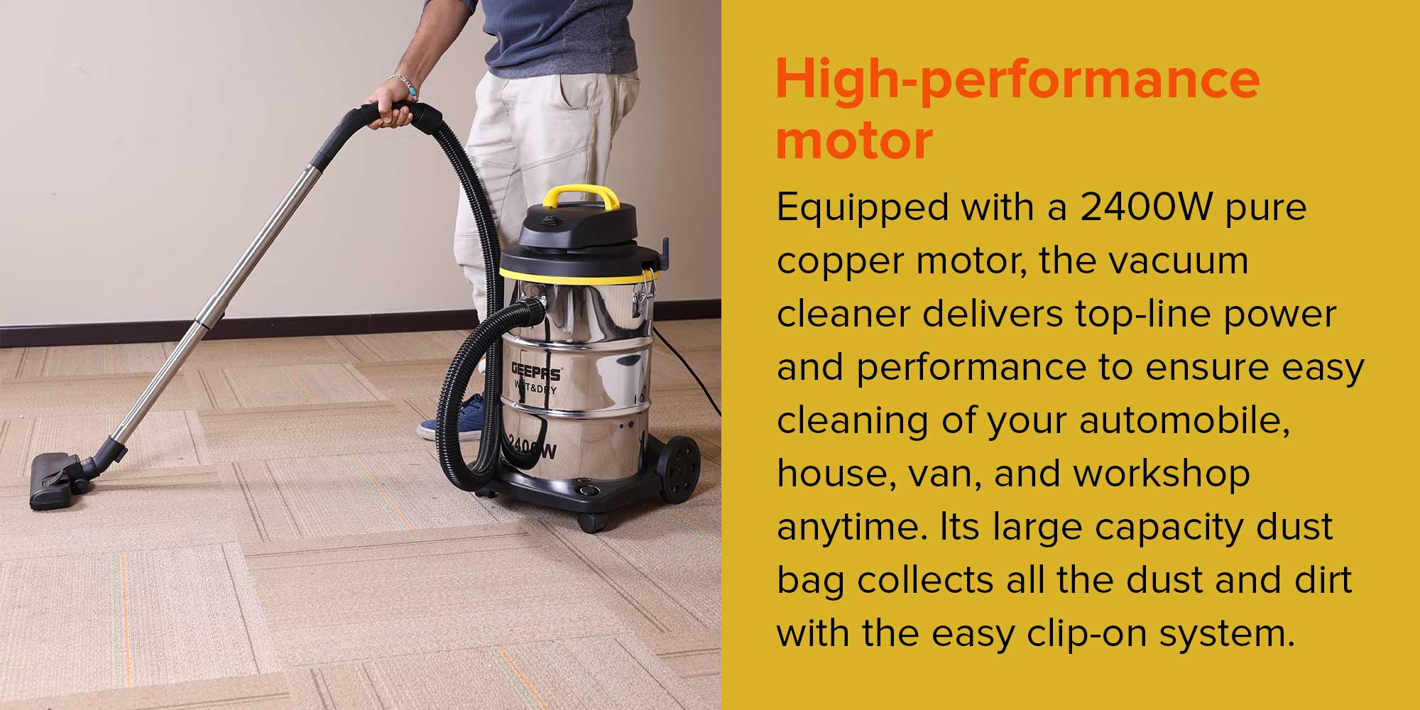 Wet and Dry Stainless Steel Vacuum Cleaner with Elegant Body, Adjustable Suction on Handle / Power Rating : AC 220 – 240 (50/60 Hz) 25 L 2300 W GVC19011N Silver/Black/Yellow