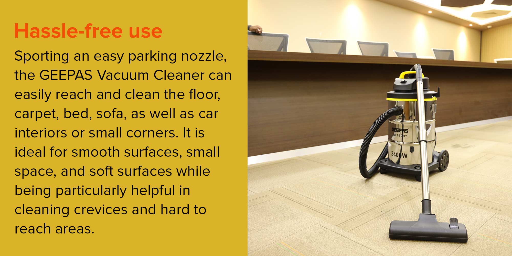 Wet and Dry Stainless Steel Vacuum Cleaner with Elegant Body, Adjustable Suction on Handle / Power Rating : AC 220 – 240 (50/60 Hz) 25 L 2300 W GVC19011N Silver/Black/Yellow