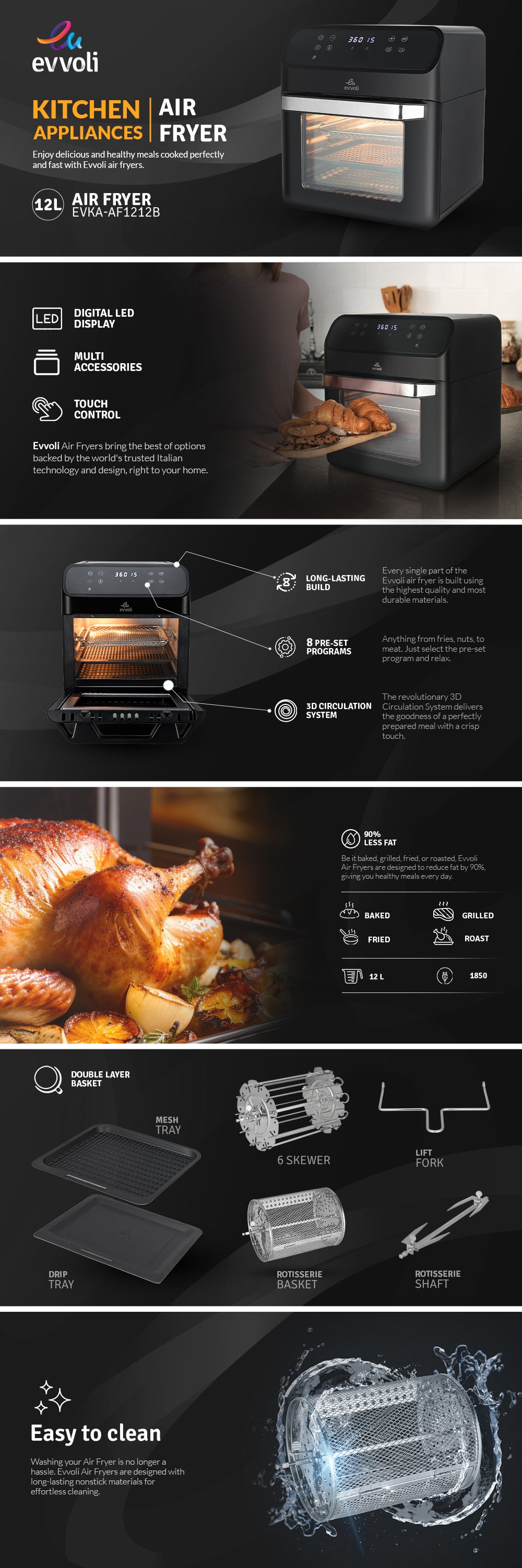 Air fryer 8 Preset Programs, Oven Multi-functions, Digital Control Panel Display 12 L 1850 W EVKA-AO1212B Black