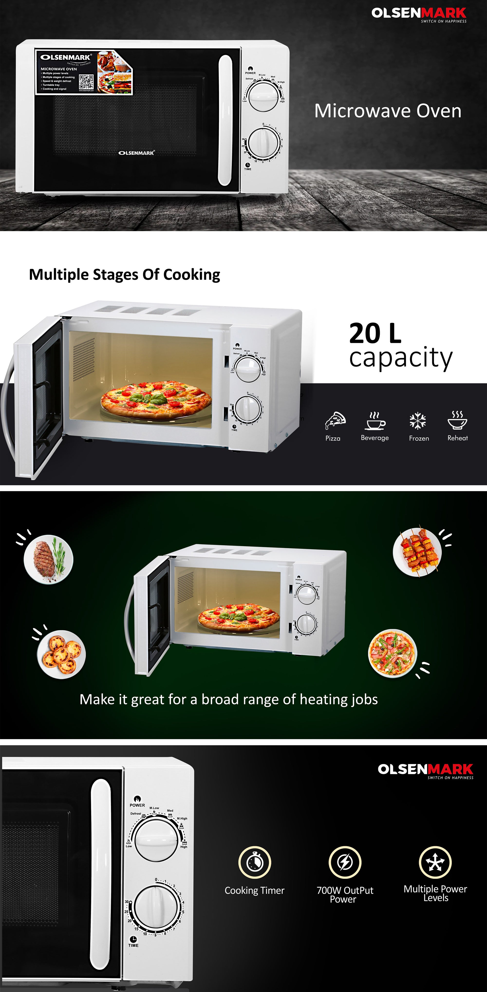 Microwave Oven With Turntable Plate and Multiple Power levels and Defrost Function 20 L 1100 W OMMO2260W Black