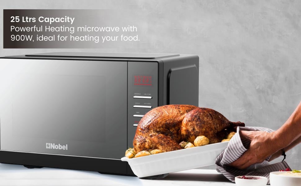 Digital Microwave Oven with Grill function| Shining Knob, Timer Function with 5 Power Level with 8 Auto Menus | Mirror finished Glass door, Defrost by Weight or Time | Internal Lighting, Cooking End Signal, Child Safety Lock 25 L 900 W NMO25D Grey