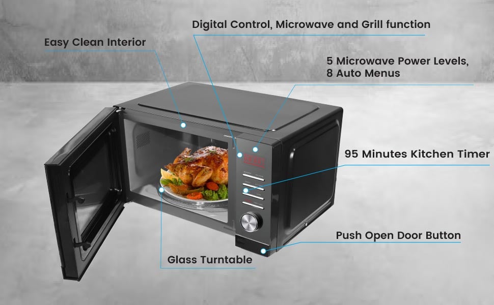 Digital Microwave Oven with Grill function| Shining Knob, Timer Function with 5 Power Level with 8 Auto Menus | Mirror finished Glass door, Defrost by Weight or Time | Internal Lighting, Cooking End Signal, Child Safety Lock 25 L 900 W NMO25D Grey