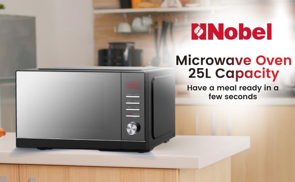 Digital Microwave Oven with Grill function| Shining Knob, Timer Function with 5 Power Level with 8 Auto Menus | Mirror finished Glass door, Defrost by Weight or Time | Internal Lighting, Cooking End Signal, Child Safety Lock 25 L 900 W NMO25D Grey