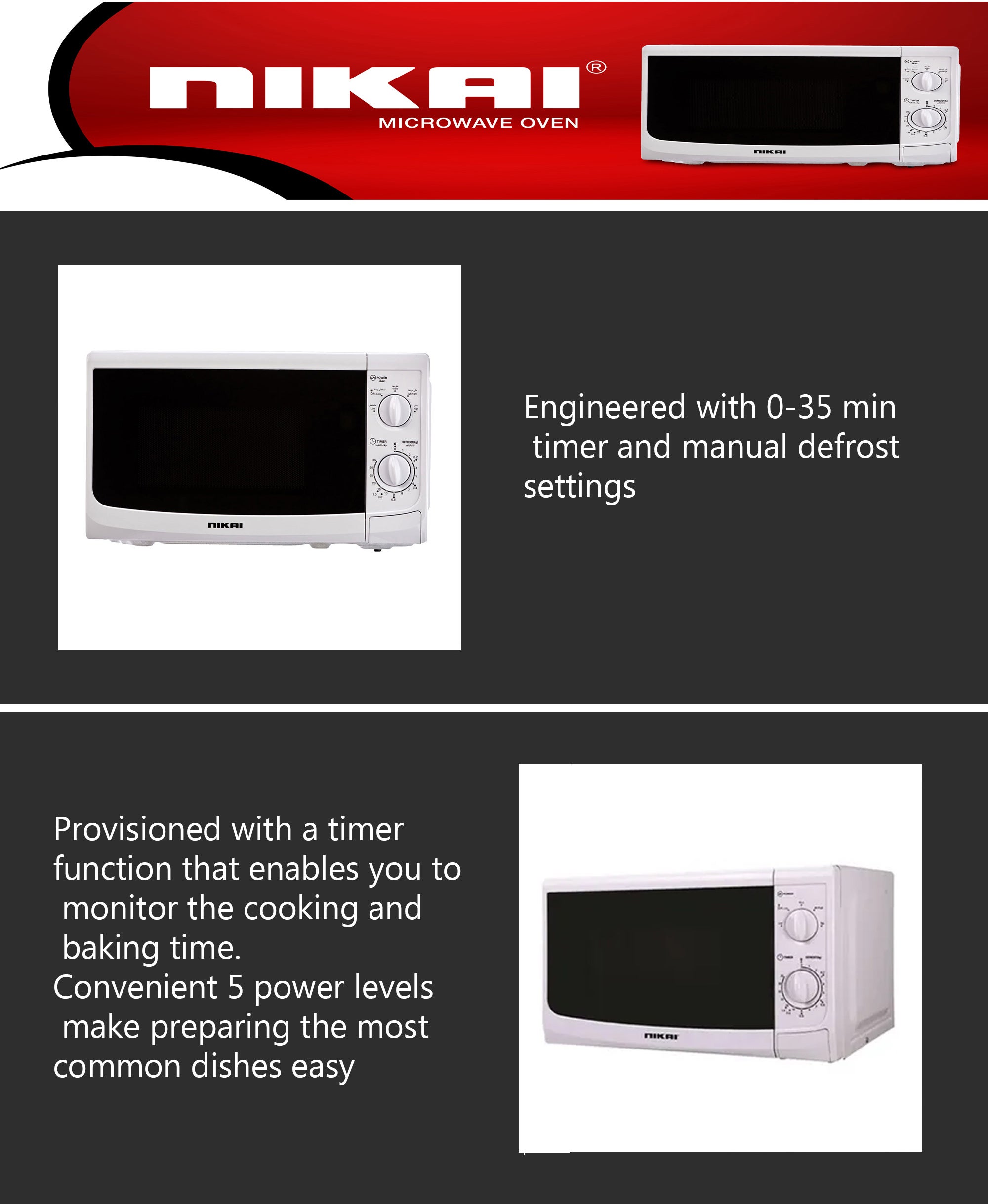 20 Liter Microwave Oven, 6 Power Levels including Defrost, 700 Watts, 30 Mins Cooking Timer, Pull Handle Door, Manual 20 L 700 W NMO515N9A/ NMO515N8NX White/Black