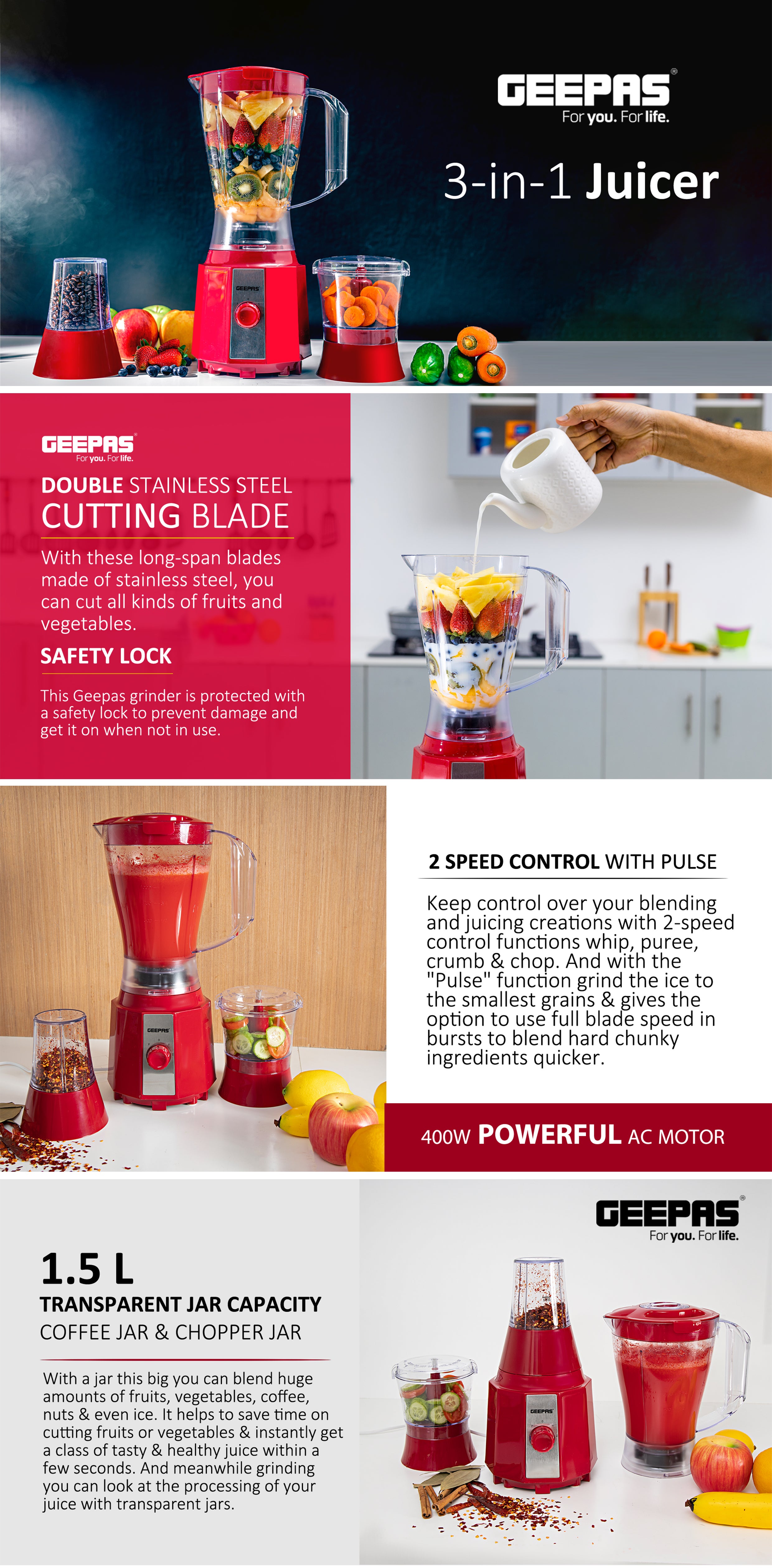 3-In-1 Blender 400 W GSB9891 Red/Clear