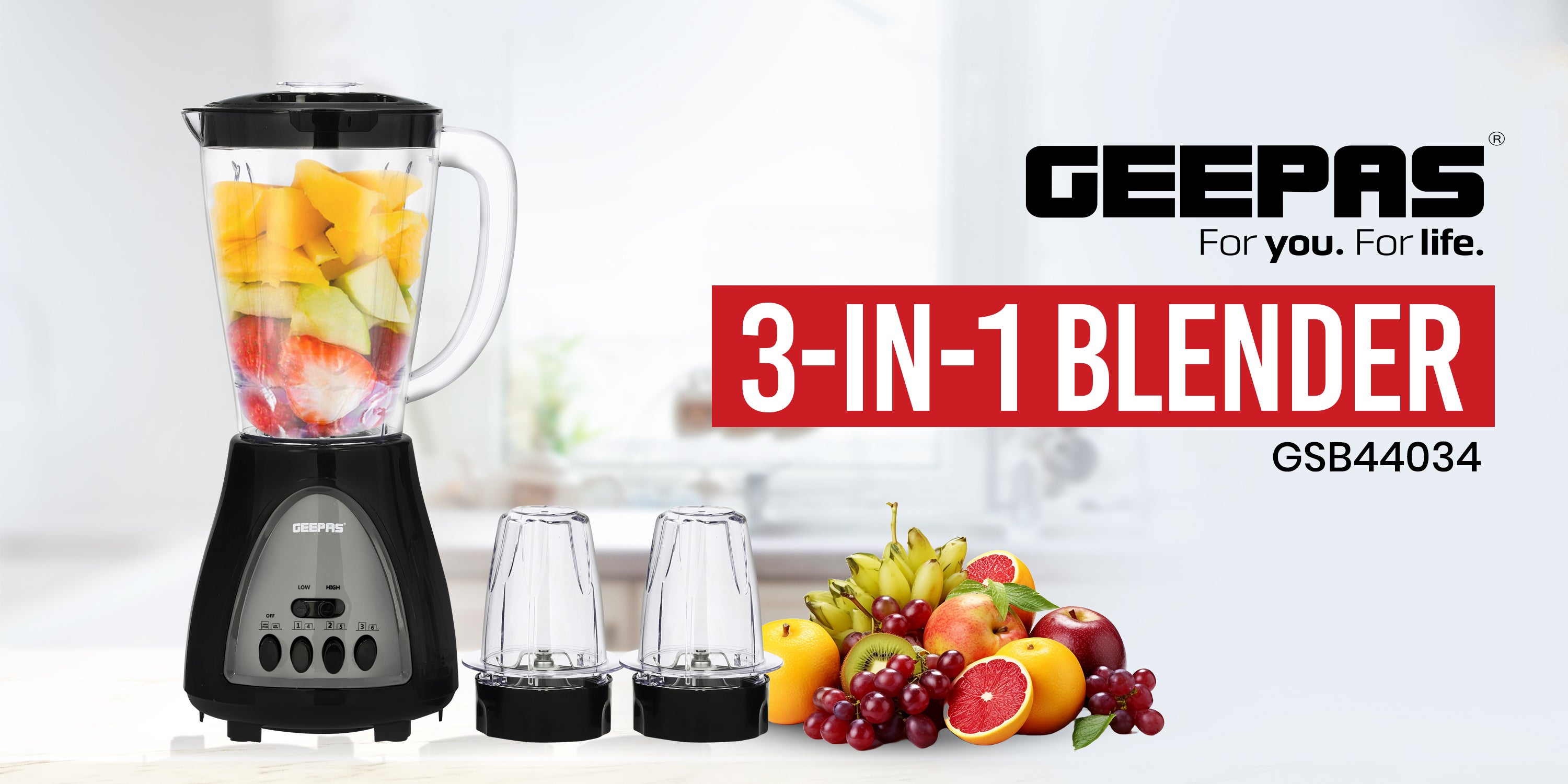 3-In-1 Blender With Stainless Steel Blades, Turbo Button For Ice Crushing, 3 Speed With Pulse Function, Overheat Protection, Powerful Motor 1.8 L 600 W GSB44034N Multicolour