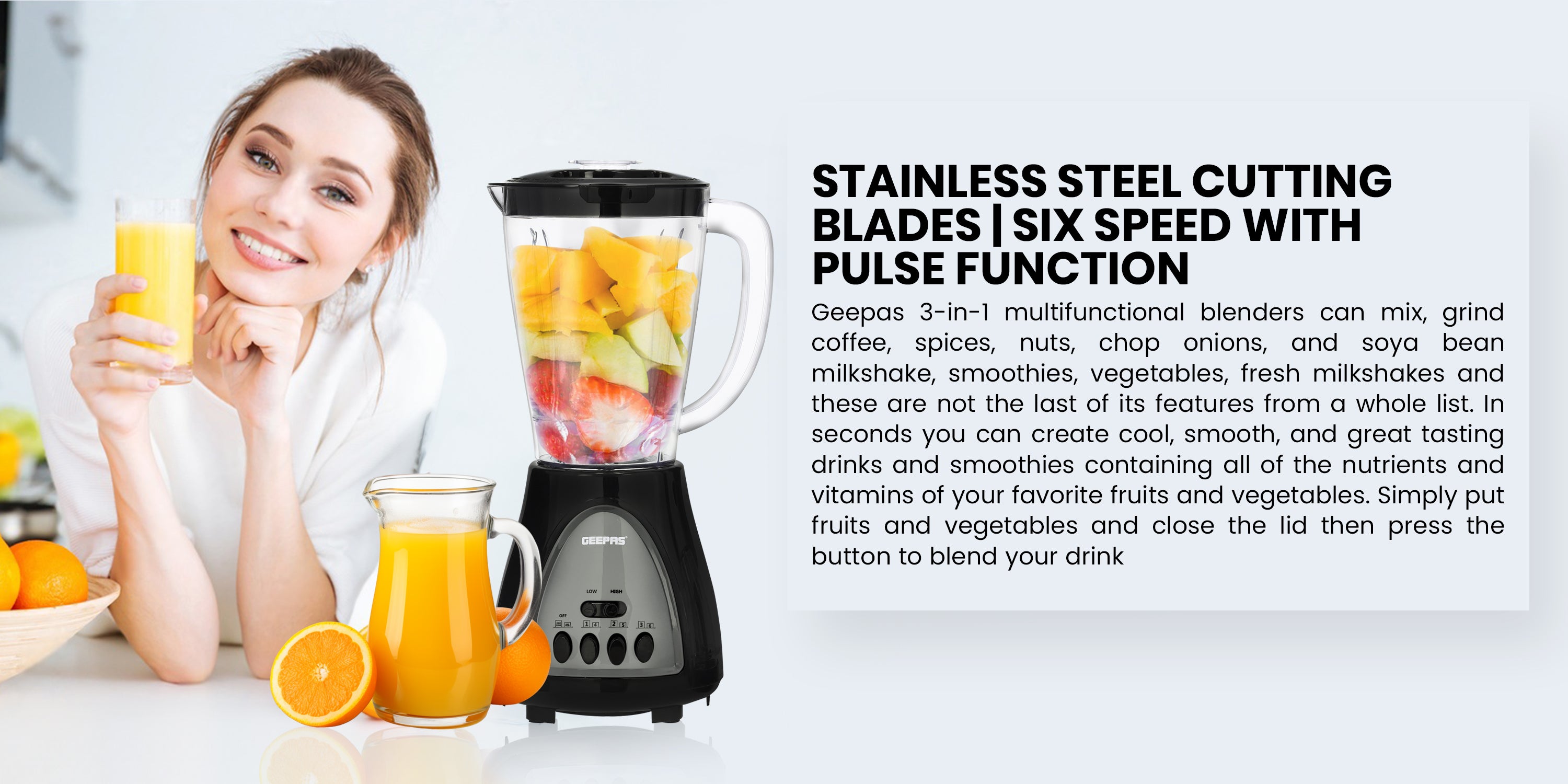 3-In-1 Blender With Stainless Steel Blades, Turbo Button For Ice Crushing, 3 Speed With Pulse Function, Overheat Protection, Powerful Motor 1.8 L 600 W GSB44034N Multicolour