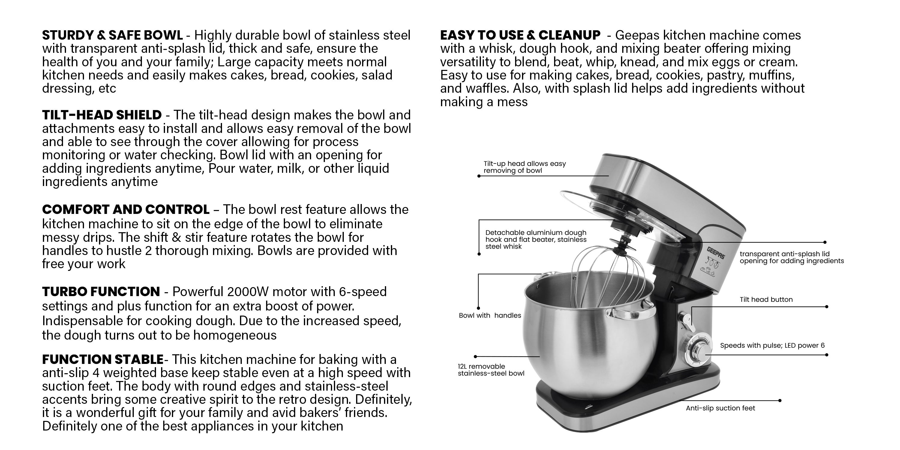 Geepas Kitchen Machine | 6 Level Mixing Speed Control, 12L Stainless Steel Bowl with Handles & Transparent Anti-Splash Lid | LED Power Indicator | 2000W Powerful Motor 12 L 2000 kW GSM43042 Silver