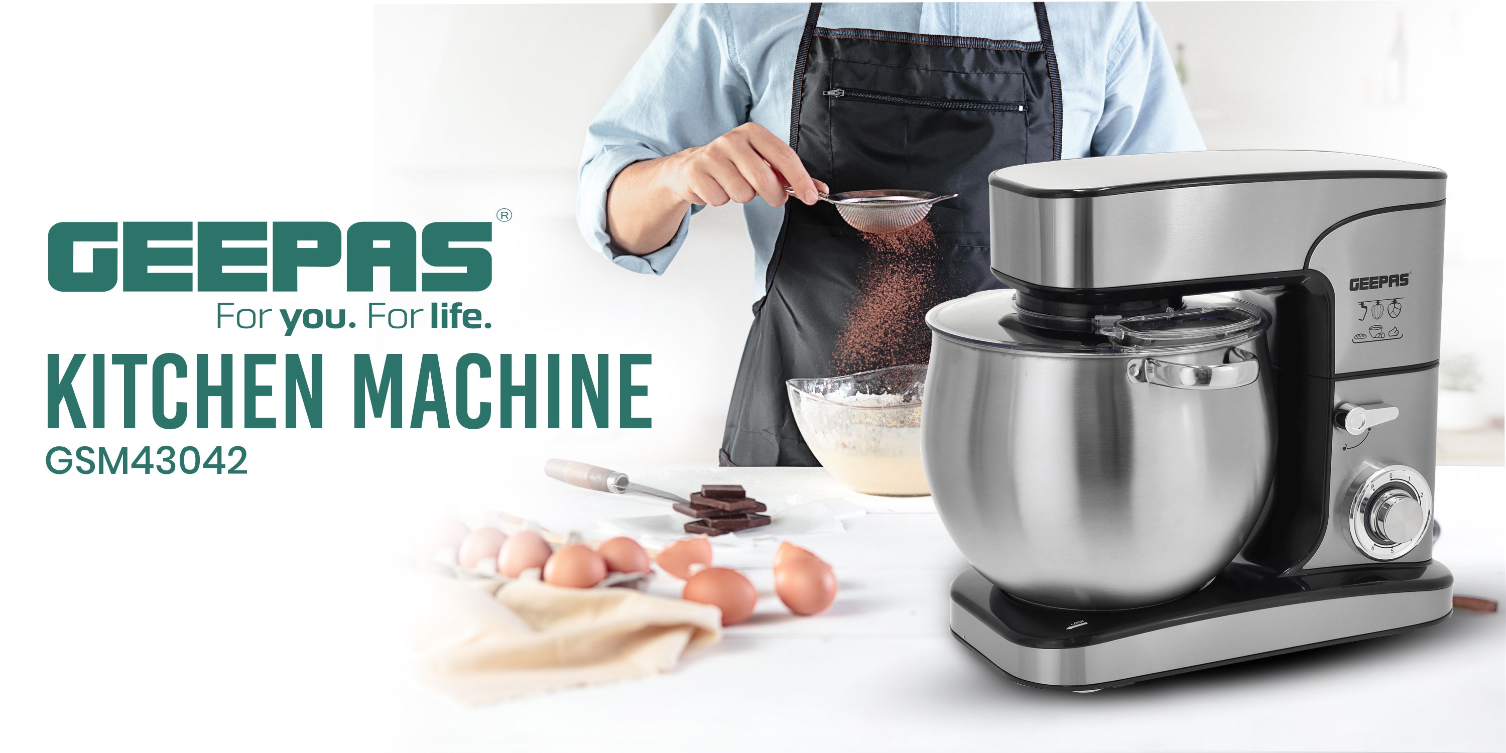 Geepas Kitchen Machine | 6 Level Mixing Speed Control, 12L Stainless Steel Bowl with Handles & Transparent Anti-Splash Lid | LED Power Indicator | 2000W Powerful Motor 12 L 2000 kW GSM43042 Silver