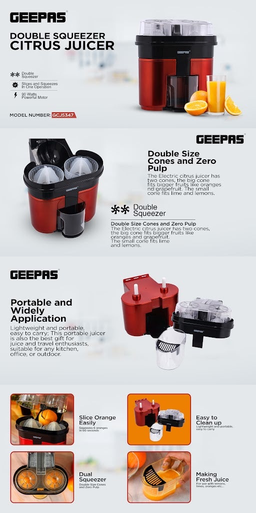 Double Squeezer Citrus Juicer | Electric Lemon Orange Fresh Juicers, With Anti-Drip Valve Citrus Fruits Squeezer, Quiet Motor BPA-Free, Updated Blades, Portable & Widely Application 90 W GCJ5347 Red/Clear/Black