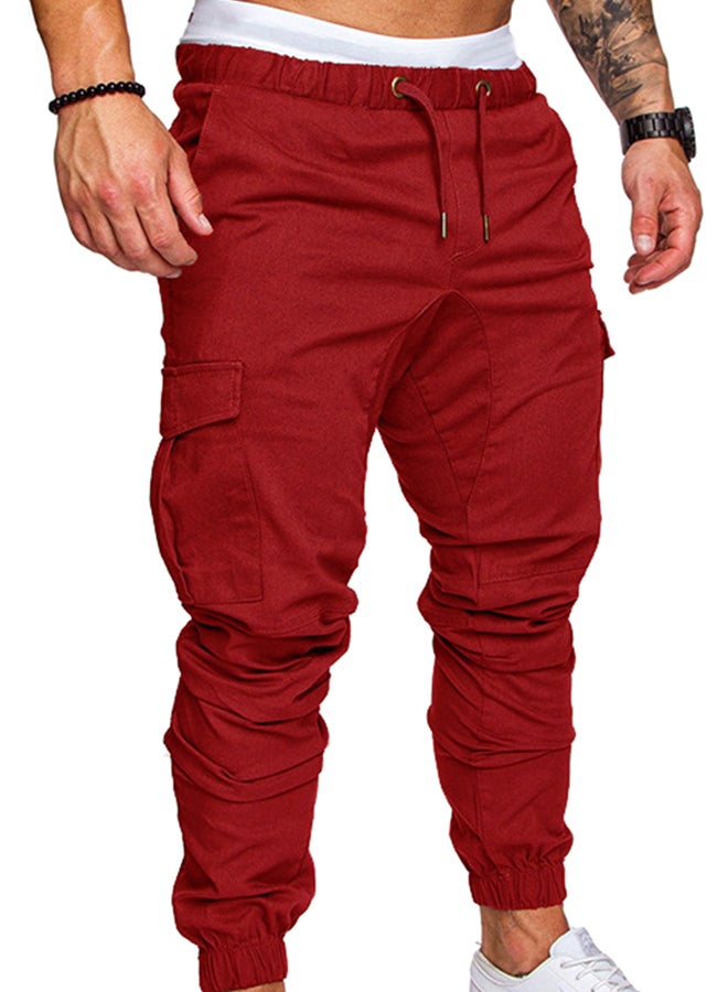 Solid Drawstring Cargo Pants Wine Red