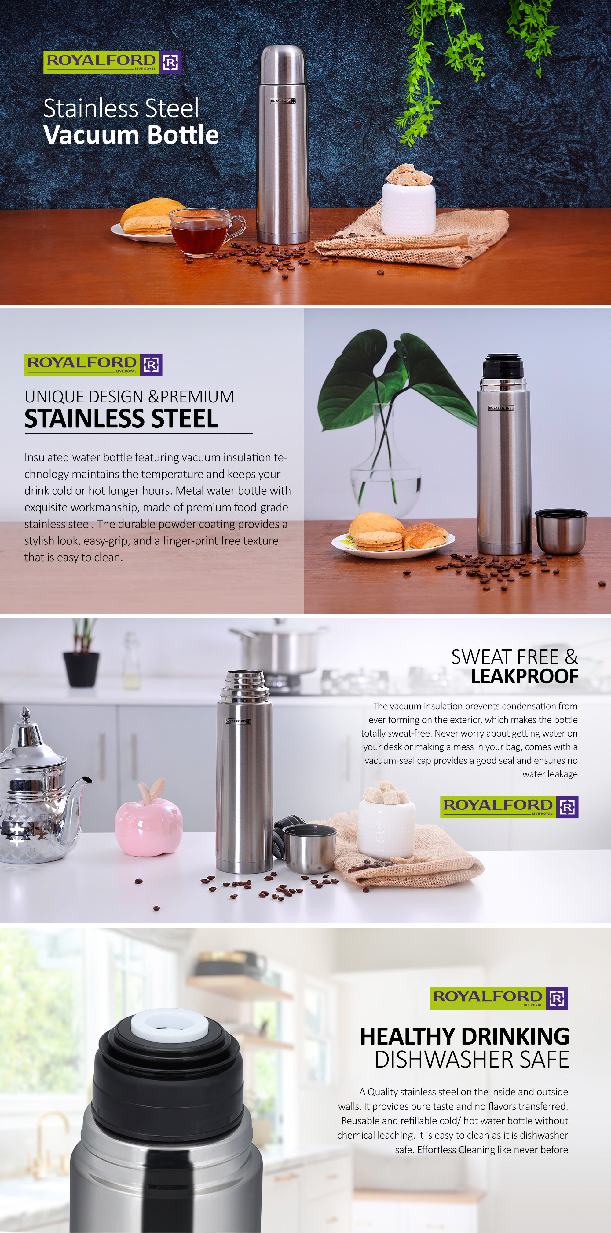 Stainless Steel Vacuum Bottle Sweat Free Leakproof Dishwasher Safe Water Bottle Silver 1Liters