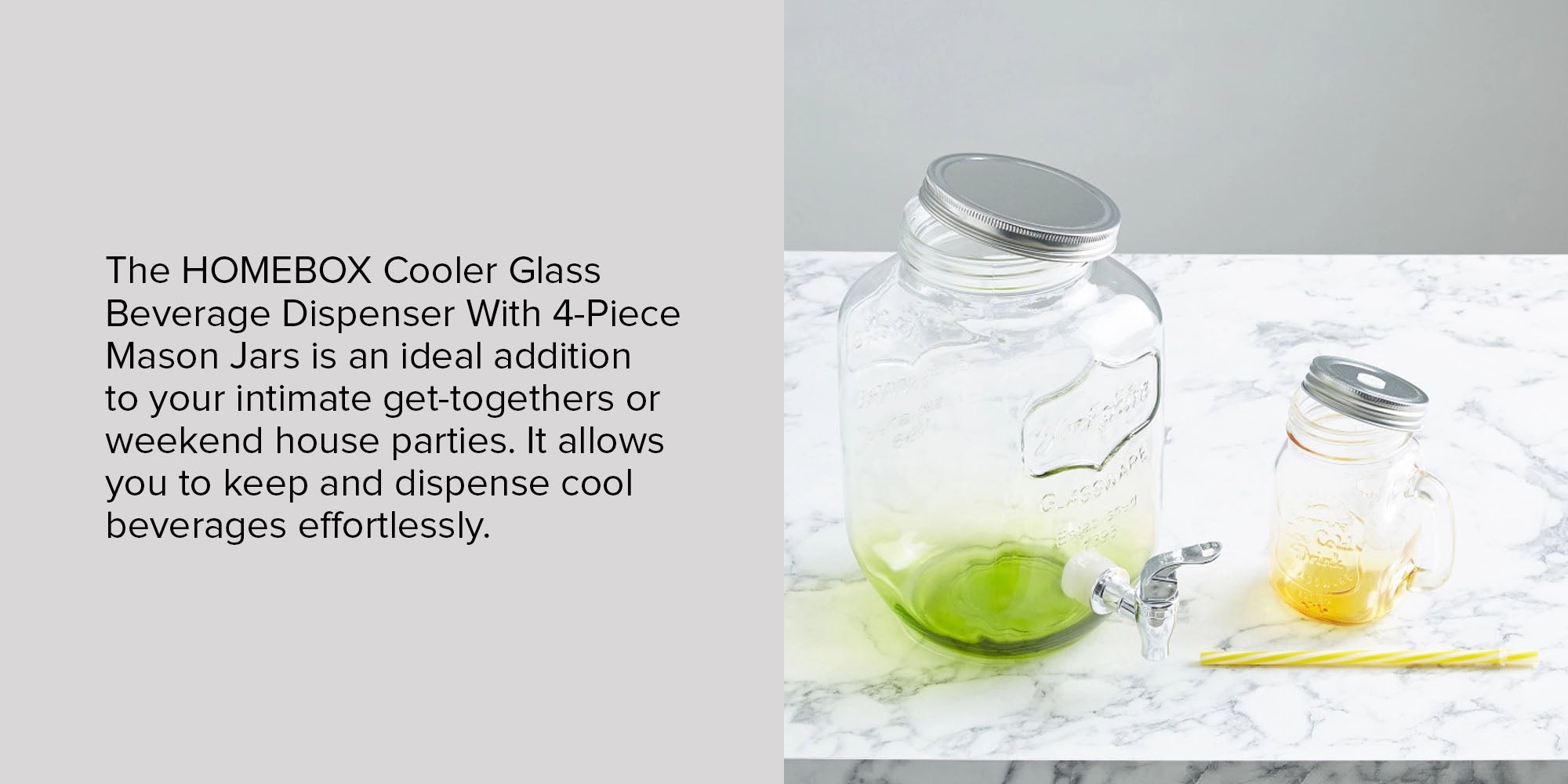4-Piece Cooler Glass Beverage Dispenser With Mason Jars Clear Dispenser 4000 ml, Mason Jars 4x450ml