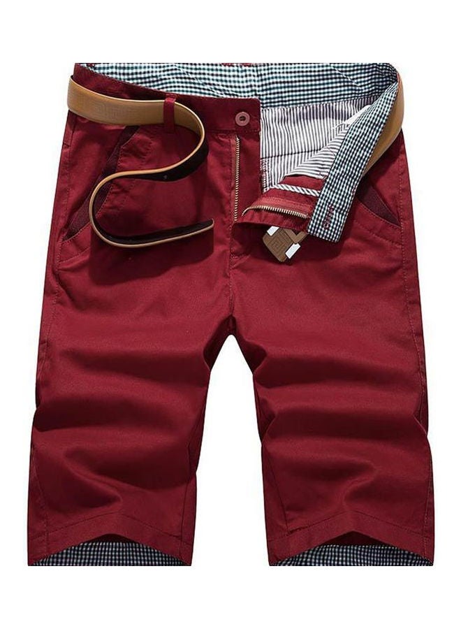 Men Casual Quick Dry Pockets Button Shorts Fifth Pants Wine Red