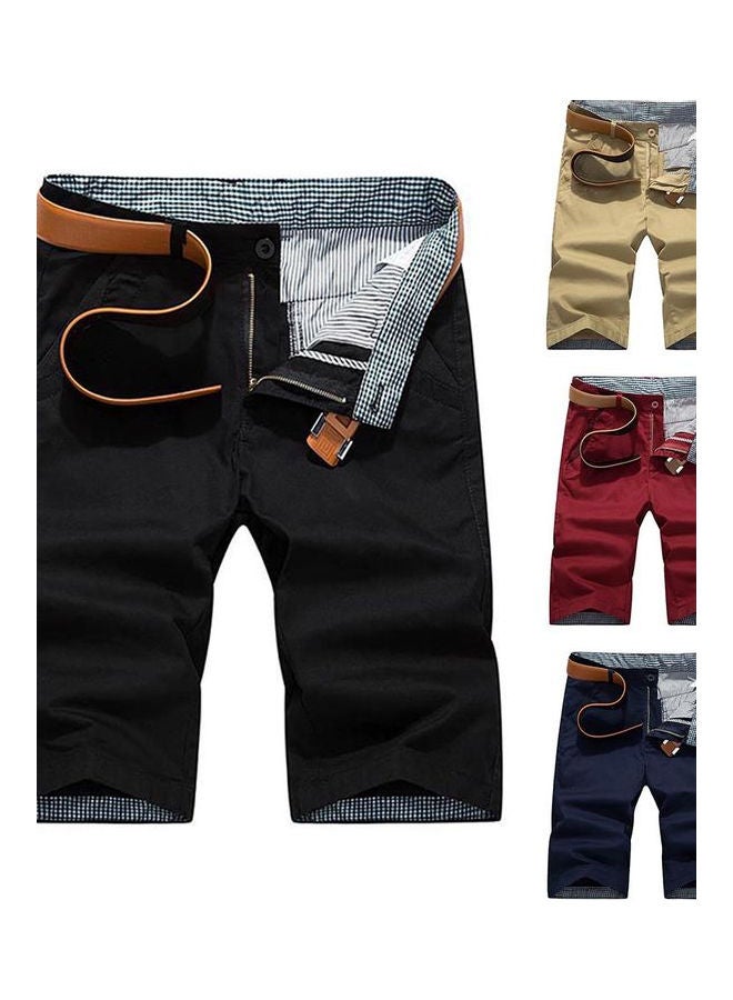 Men Casual Quick Dry Pockets Button Shorts Fifth Pants Wine Red