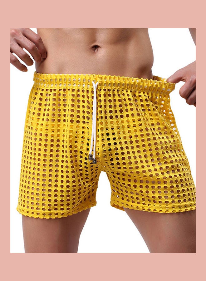 Solid Color Mesh Drawstring Shorts Yellow