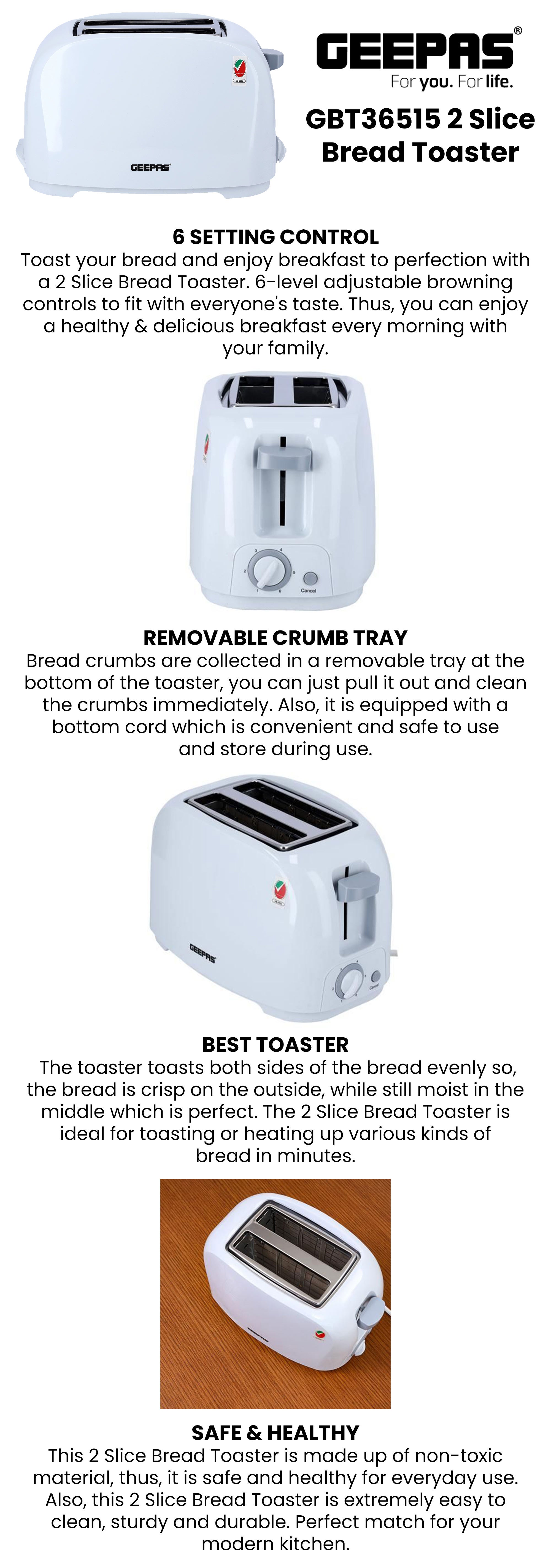 2 Slice Bread Toaster - Removable Crumb Tray| One Touch Cancel Button | 6 Browning Setting Control 700 W GBT36515N White