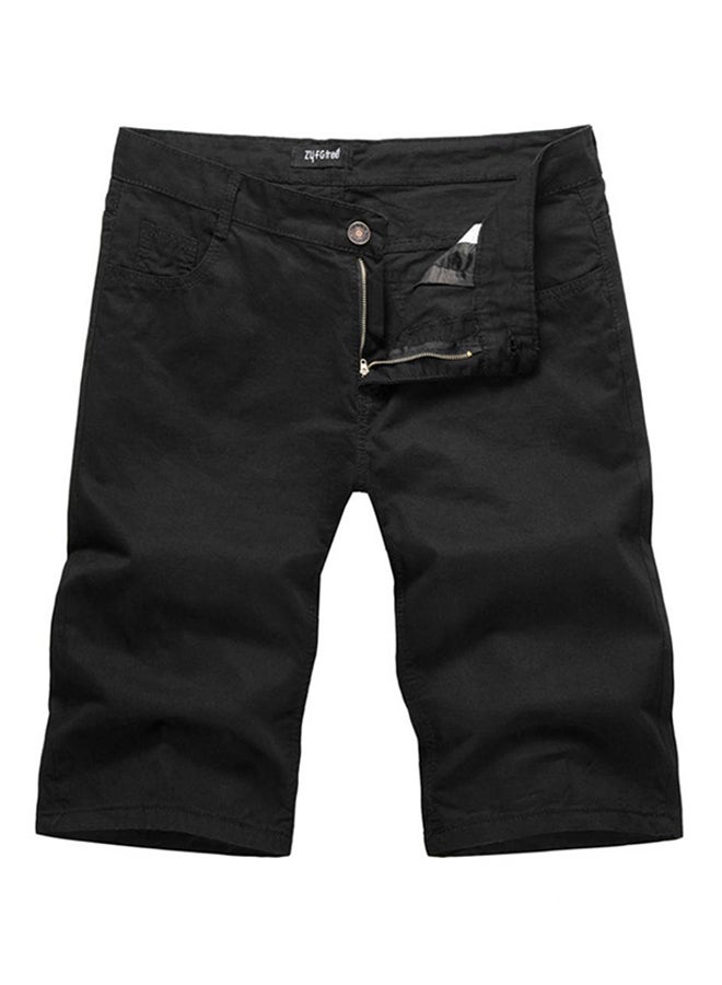 Casual Sport Front Button And Zipper Solid Shorts Black