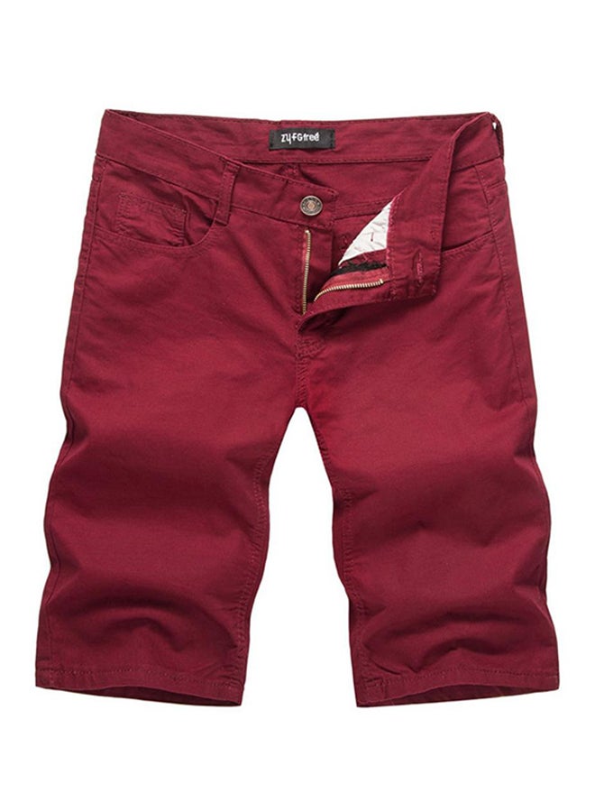 Casual Sport Front Button And Zipper Solid Shorts Red