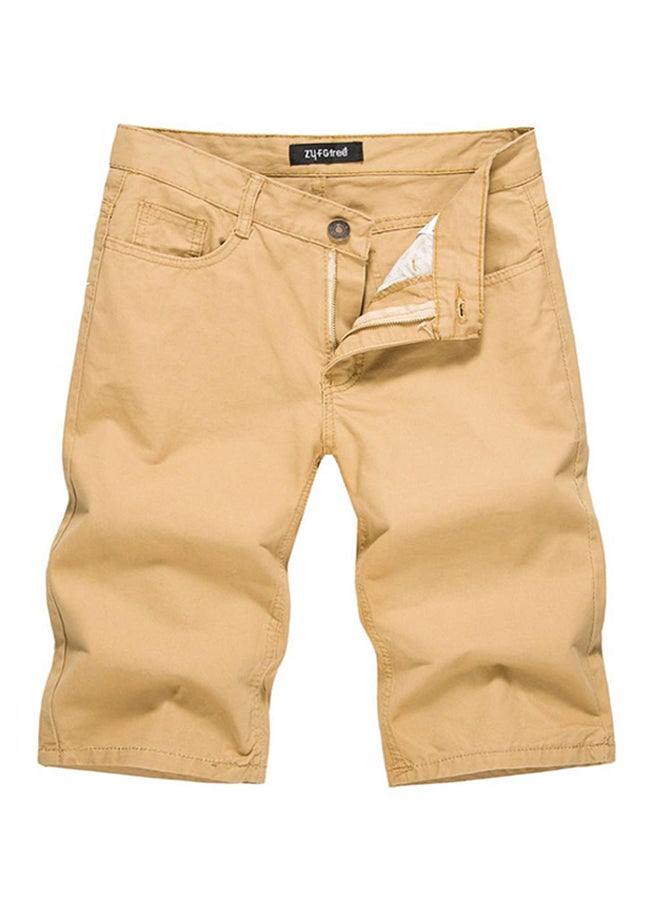 Casual Sport Front Button And Zipper Solid Shorts Khaki