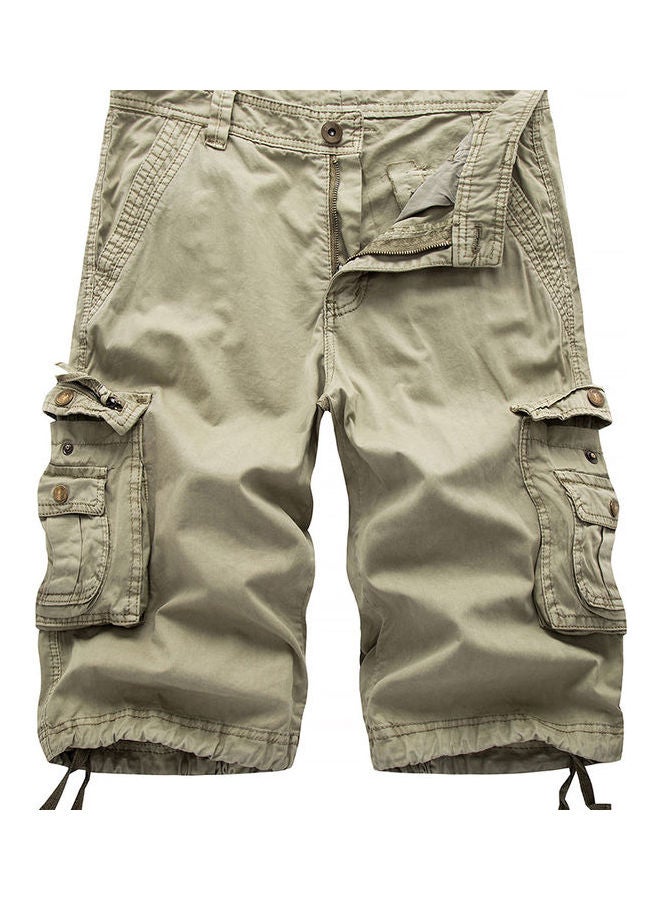 Men Casual Summer Solid Color Multi Pockets Fifth Cargo Pants Loose Beach Shorts Khaki
