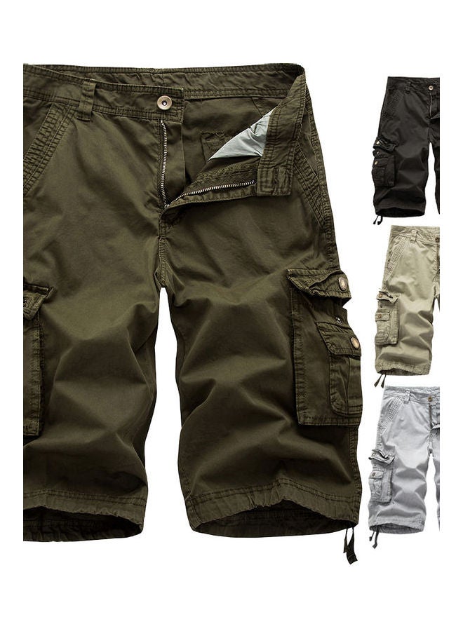 Men Casual Summer Solid Color Multi Pockets Fifth Cargo Pants Loose Beach Shorts Khaki