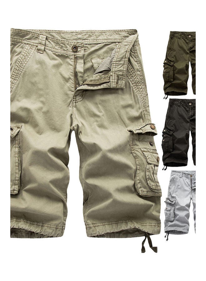 Men Casual Summer Solid Color Multi Pockets Fifth Cargo Pants Loose Beach Shorts Khaki