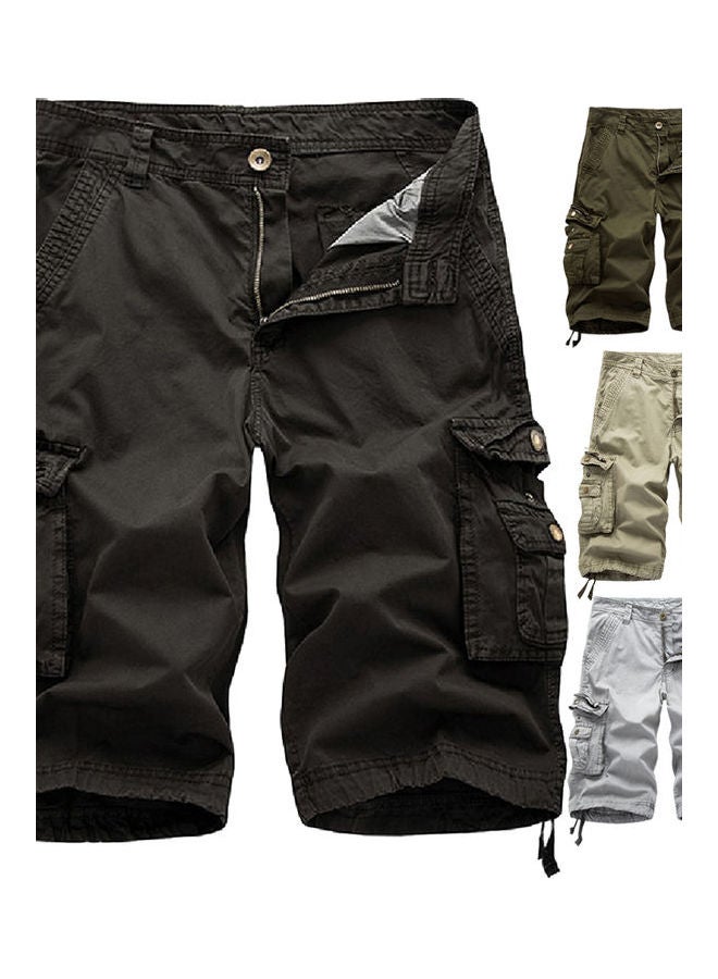Men Casual Summer Solid Color Multi Pockets Fifth Cargo Pants Loose Beach Shorts Khaki