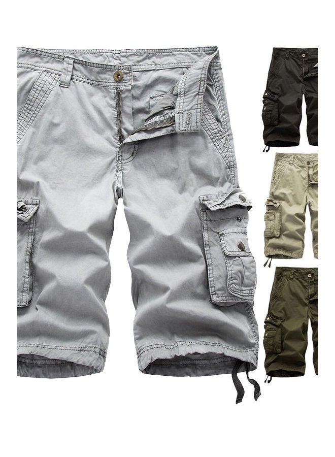 Men Casual Summer Solid Color Multi Pockets Fifth Cargo Pants Loose Beach Shorts Khaki